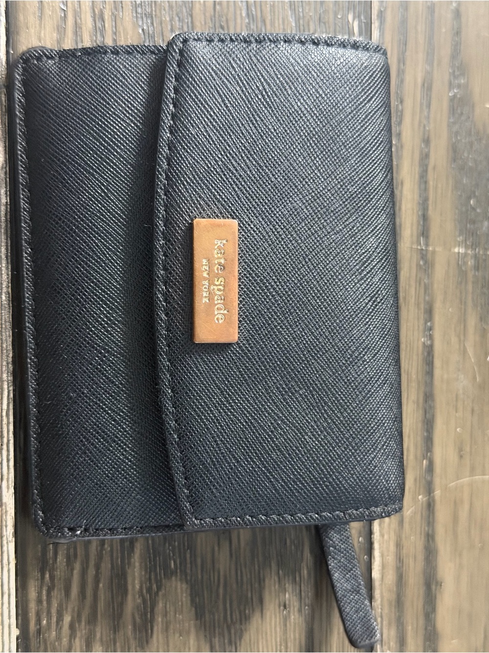 kate spade Black Leather Compact Trifold Wallet with Tan Logo Plate